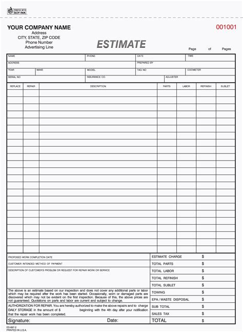 2Part Auto Body Repair Estimate Forms Automotive Forms