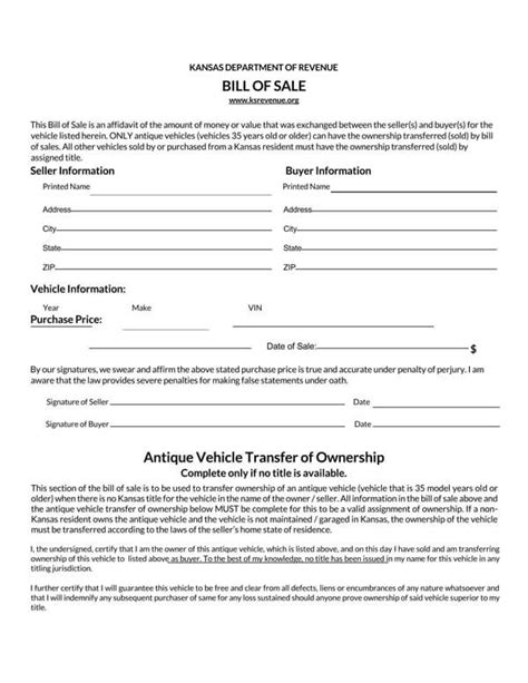 Vehicle Bill of Sale Form Kansas Free Download