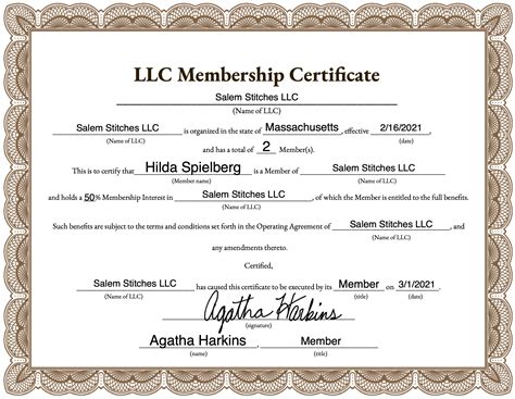 Llc Membership Certificate Template Addictionary