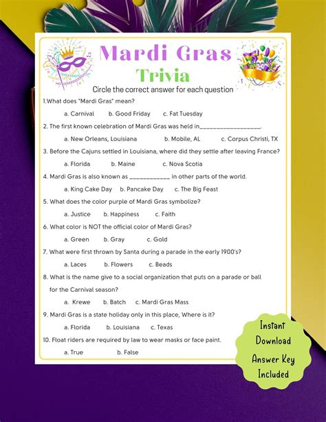 Free Printable Mardi Gras Trivia Game High Resolution Printable