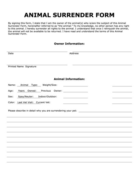 Animal Surrender Form Download Printable PDF Templateroller