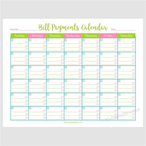 Free Printable Bill Calendar Template: Stay Organized And On Top Of Your Finances
