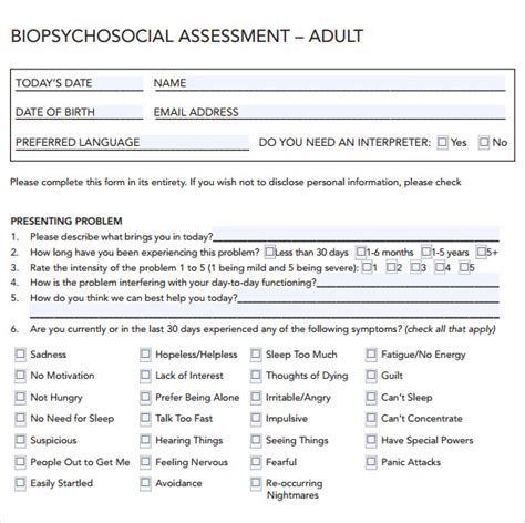 Free Printable Biopsychosocial Assessment