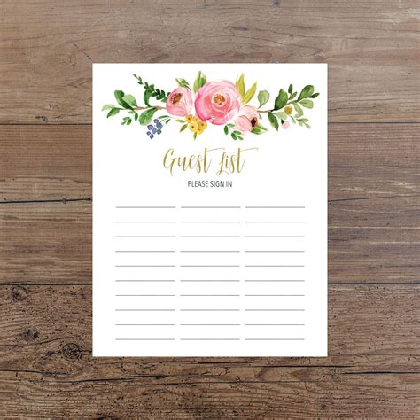 Greenery Guest List Printable Guest List Sign In Sheet Etsy Guest