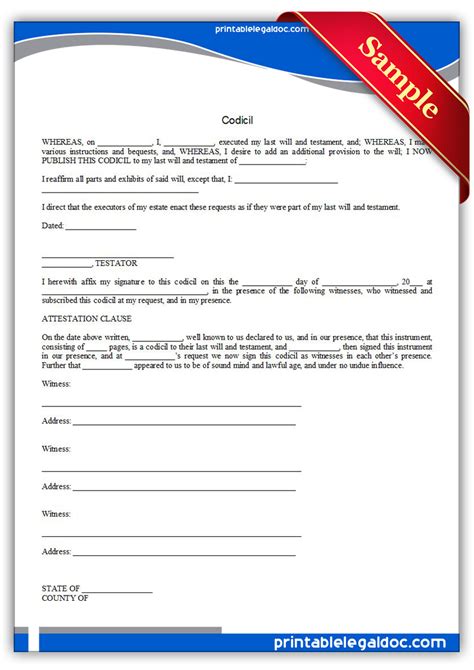 Sample Codicil Form printable pdf download