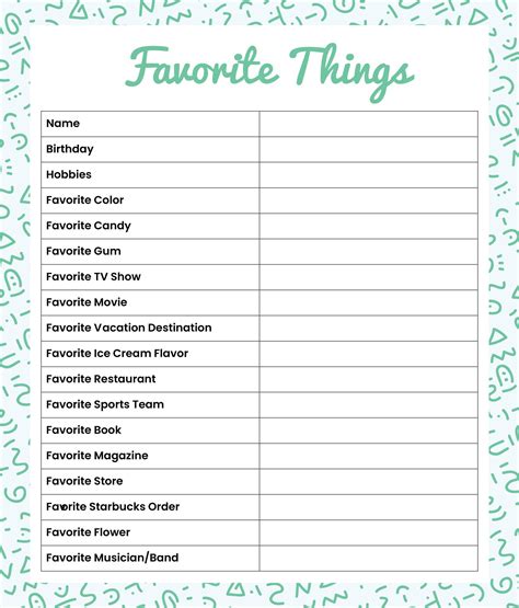 Printable Teacher Favorite Things Questionnaire