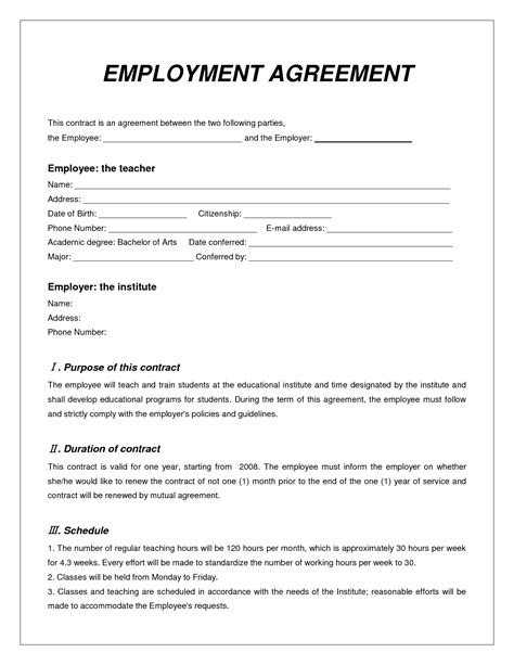 Employment Contract Form Free Printable Documents