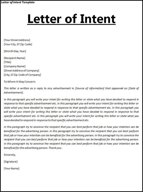 Letter of Intent Template, Format for Letter of Intent Template