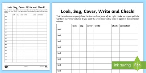 Look Say Cover Write Check Practise Sheet Top Teacher