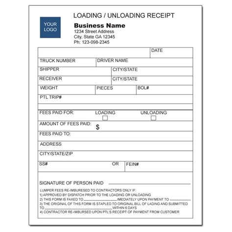 Lumper Receipt Loading or Unloading Receipt DesignsnPrint