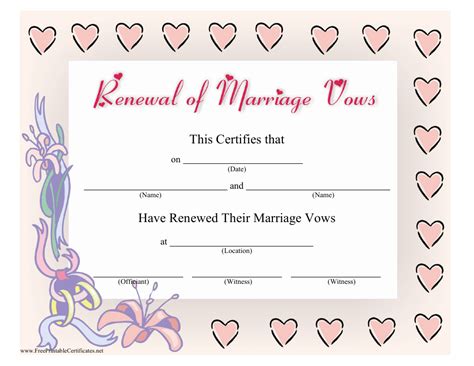 Renewal of Marriage Vows Printable Certificate