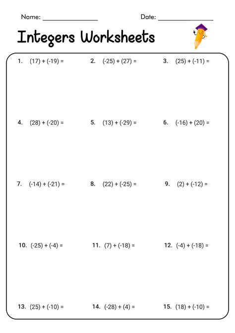 Printable Math Worksheets For 7th Grade Adding And Subtracting Integers