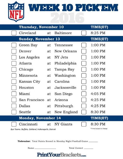 NFL Schedule Week 10 Printerfriend.ly