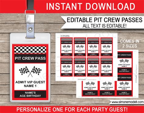 Go Kart Party Pit Crew Pass printable Insert Go Kart