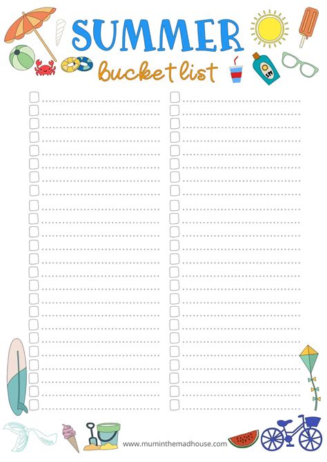 Free Printable Summer Bucket List Template