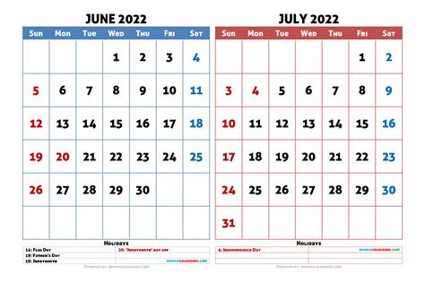 June July 2022 Calendar Monday Start Editable Two Months Template