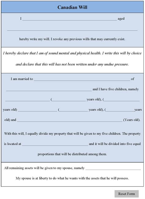 Free Printable Last Will And Testament Forms Ontario Form