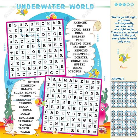 Zigzag Word Search Puzzle with Underwater World Free Printable Puzzle