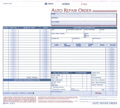 Vehicle Repair Order Template HQ Printable Documents