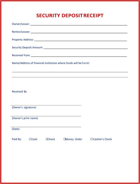 Security Deposit Receipt Template Free PDF Form