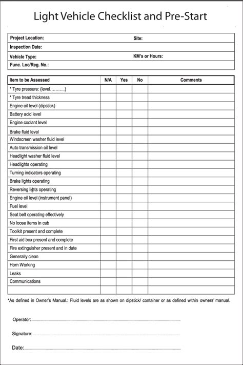 Fillable Equipment/vehicle PreStart Checklist printable pdf download