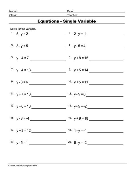 Free Algebra Equations Sheets Printables