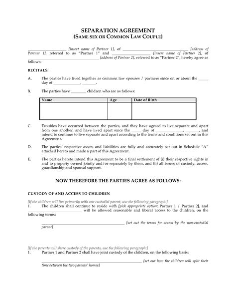 free common law separation agreement template ontario