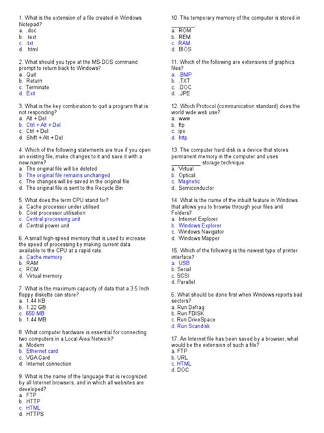 free computer skill test questions with answers pdf