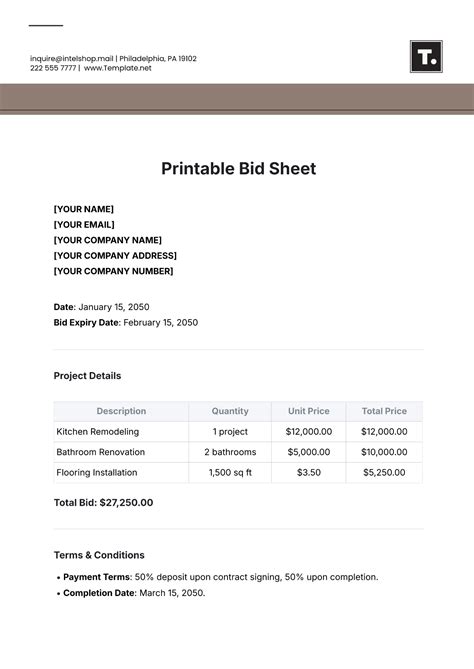 Free Customizable Bid Sheets Printable