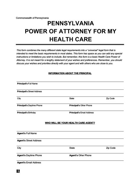 free durable power of attorney for health care form pa
