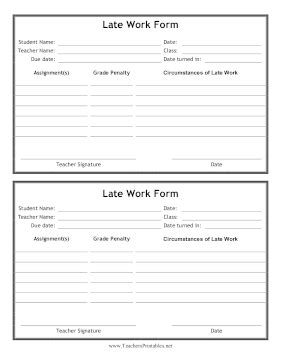 Free Late Work Release Sheet Printable