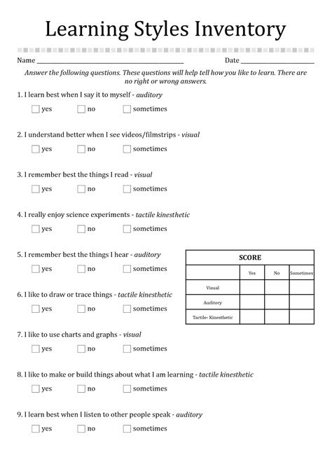 Free Learning Style Inventory Printable