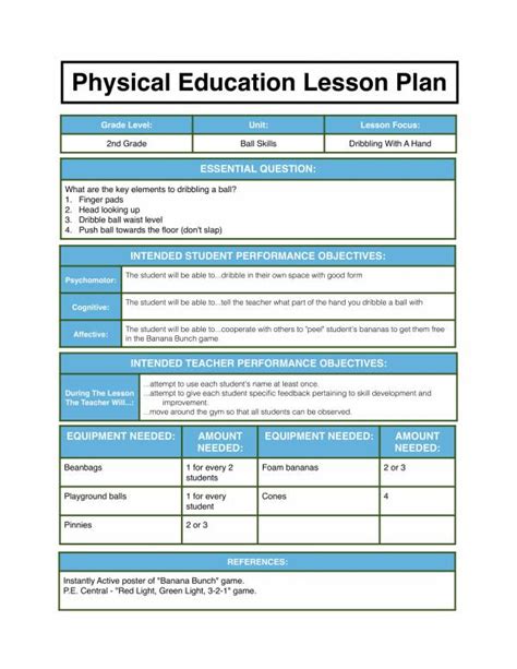 free lesson plan for pe
