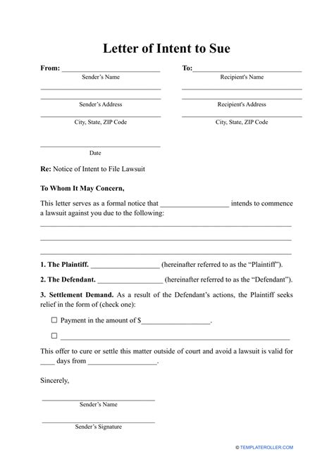 free letter of intent to sue template