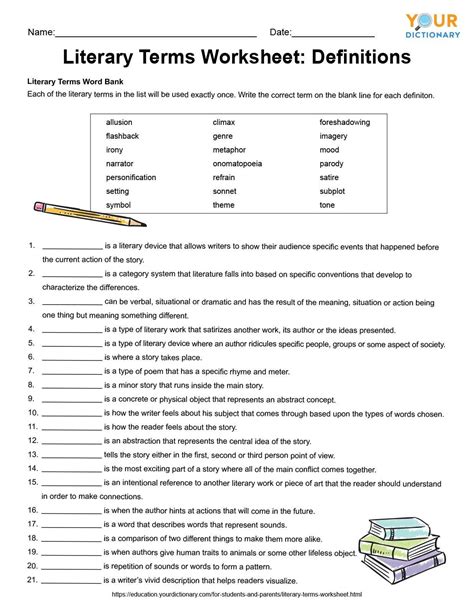 free literary terms worksheet