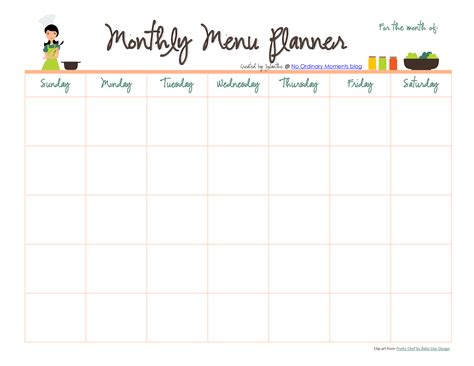 Free Menu Calendar Printable