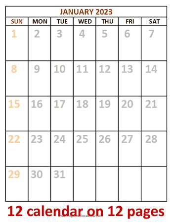 Free Printable 12 Monthly Calendar