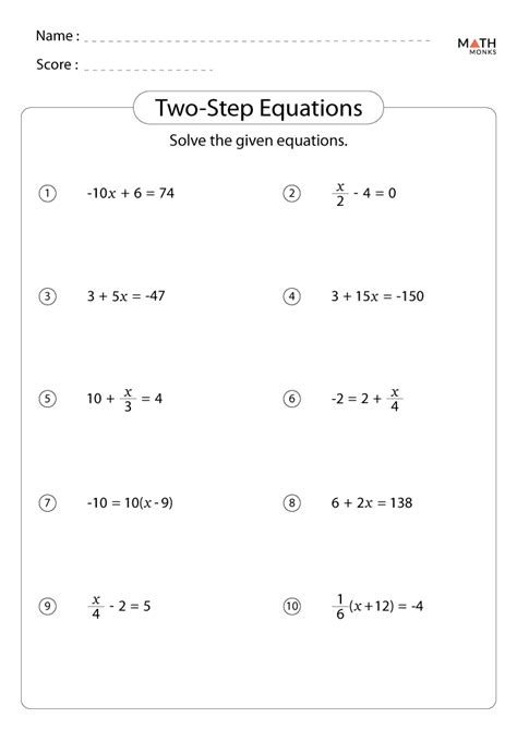 Free Printable 2 Step Equations