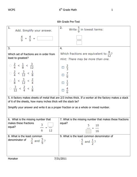 Free Printable 6Th Grade Math Pretest