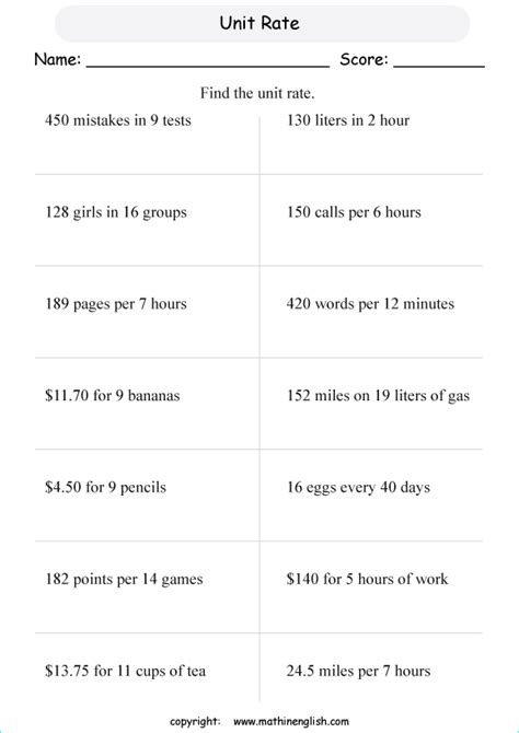 free printable 7th grade unit rate worksheet