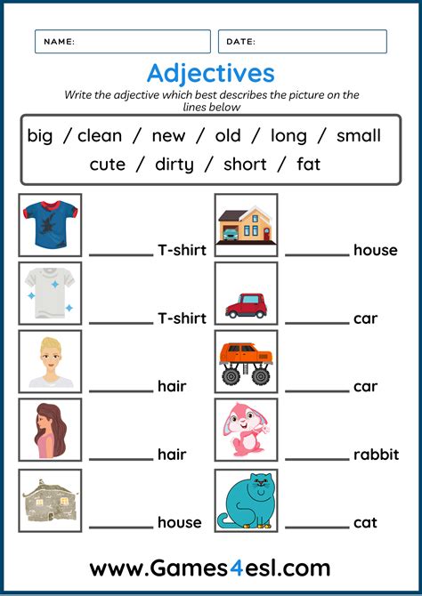 free printable adjective worksheets