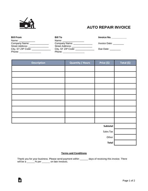 Free Printable Auto Repair Invoice Template Free Printable