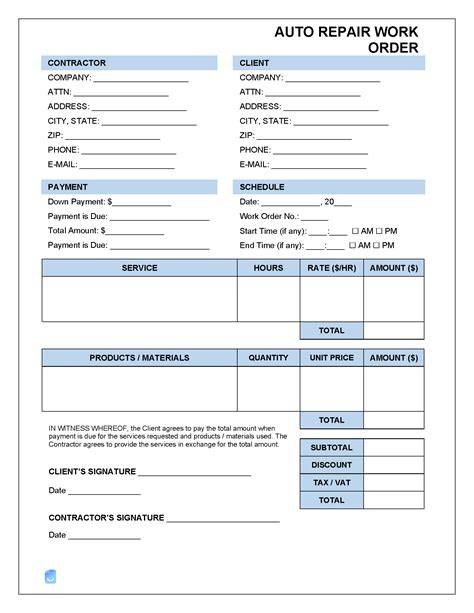 Free Printable Auto Work Orders