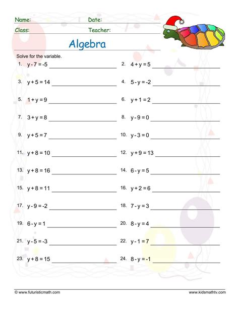 Free Printable Basic Algebra Worksheets