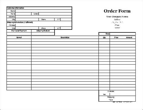 Free Printable Basic Order Form Wide