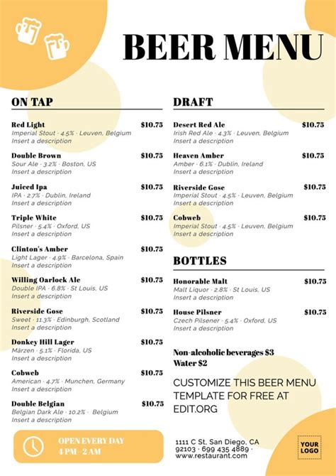 Free Printable Beer Menu Template