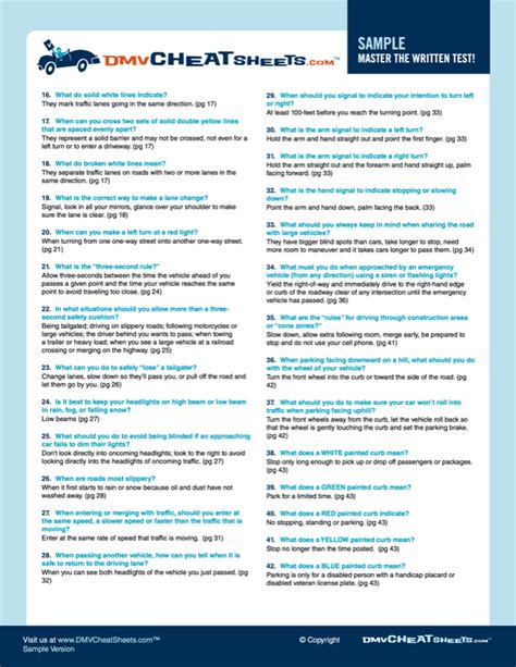 Free Printable California Dmv Cheat Sheet Study Guide