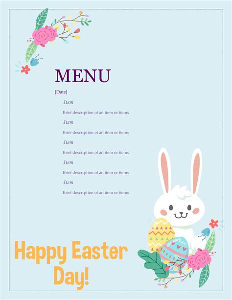 free printable easter dinner menu template