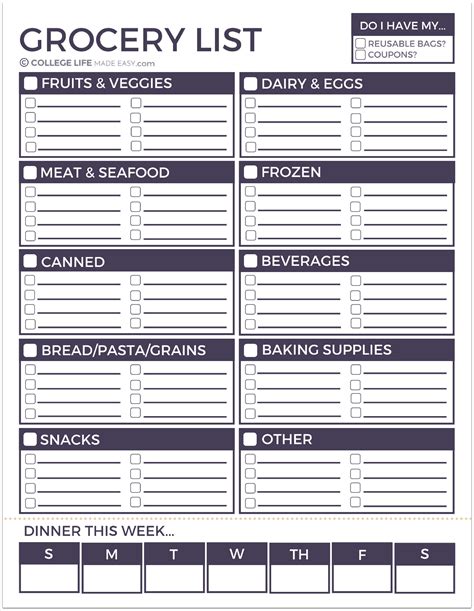 free printable grocery list with budget