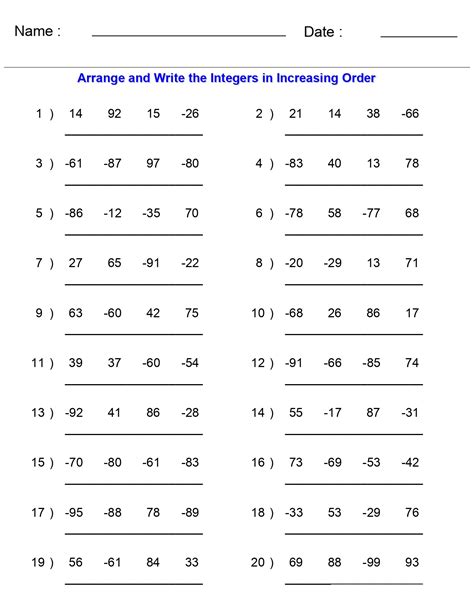 Free Printable Interger Worksheets